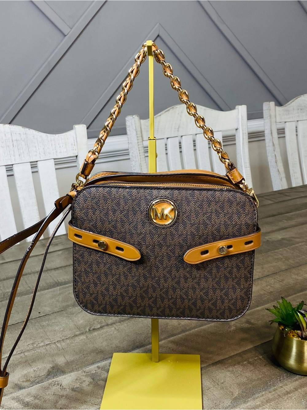 Michael Kors Carmen Large Logo Camera Bag Crossbody Brown Acorn Monogram NWOT